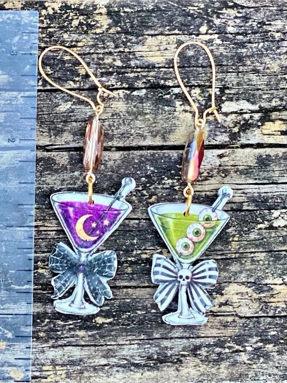 Handcrafted Cocktail Drink Dangle Earrings in Purple & Green Like New